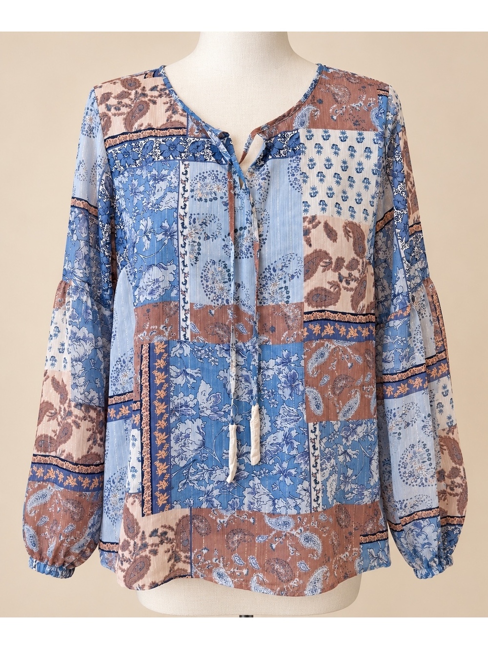 Belle BOHO Kim Gravel Patchwork Peasant Blouse L Blue Paisley Tassel Tie